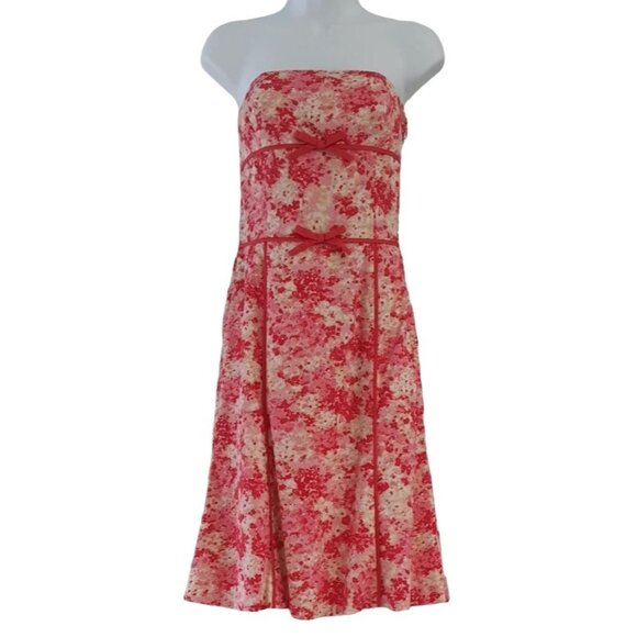 Ann Taylor Strapless Floral Dress Pink Size 2 Bow Lined Side Zipper Fit Flare - Picture 1 of 7